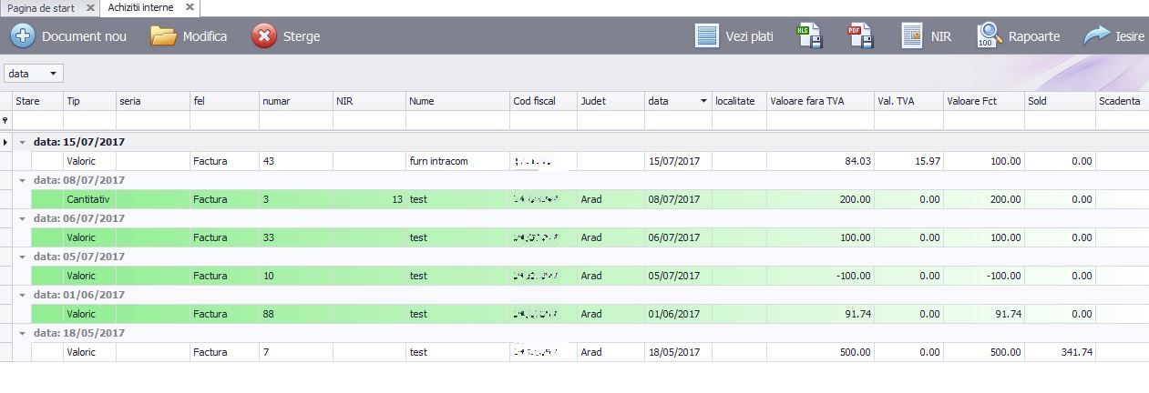 Lista achizitiilor operate, evidentiate clar