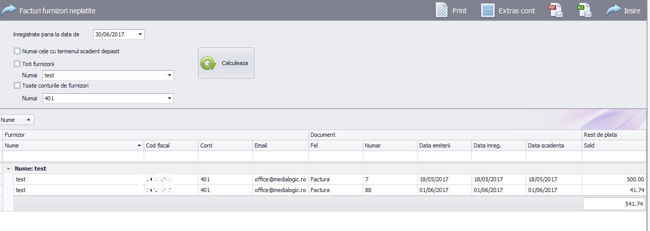 Puteti genera rapoarte pentru situatia furnizorilor neplatiti, centralizat ori pe facturi