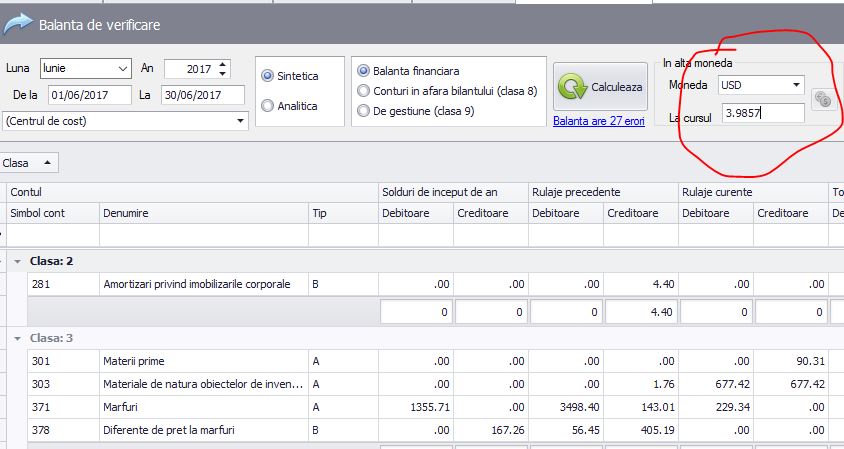Exista posibilitatea tranformarii sumelor din balanta intr-o alta moneda, la un curs.